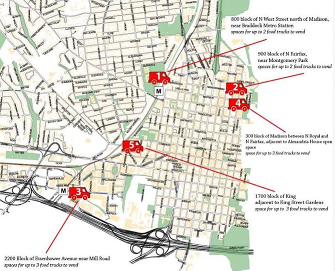 Map depicting the locations for food trucks in Alexandria
