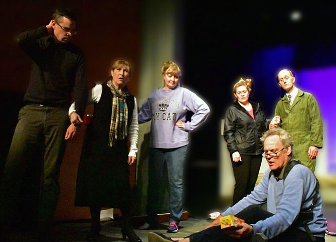 From left -- Christopher Crockett, Tina Thronson, Liz Mykietyn, Charlene Sloan, James McDaniel, and Patrick David in rehearsal for the Providence Players production of “Red Herring” 
Picture courtesy of Providence Players
