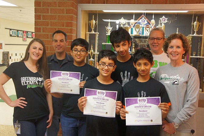 From left:  Greenbriar West Elementary School Language Arts and Social Studies Teacher Kasey Personius, Math and Science Teacher Brian Wiseman, students Siddharth Tibrewala, Aryan Kumawat, Aarav Bajaj, Siddharth Krishnan, Math and Social Studies Teacher Amy Krejcar, and Principal Lori Cleveland.
