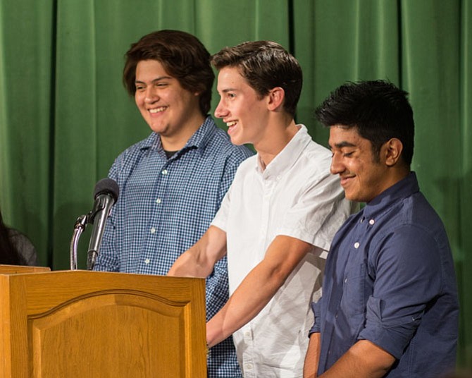 From left: Jonathan Ibarra, Andrew Jones, and Rubaiyat Rhidoy, seniors at T.C. Williams High School received honorable mention in the 2016 C-SPAN StudentCam competition. They are now working on a documentary entitled "Race to Gold" about the two fastest high school sprinters, the Lyles brothers.