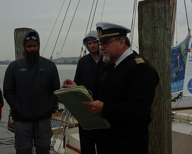 Capt. Ryan Wojtanowski recites his Ode to Hokule’a to the visiting crew during a gathering with members of the Alexandria Seaport Foundation. Wojtanowski died suddenly May 26.