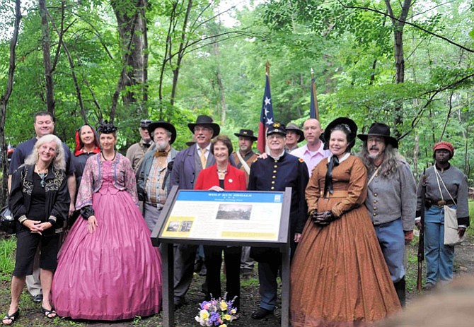 Dedicating a historical marker, fall 2014, at Wolf Run Shoals.
