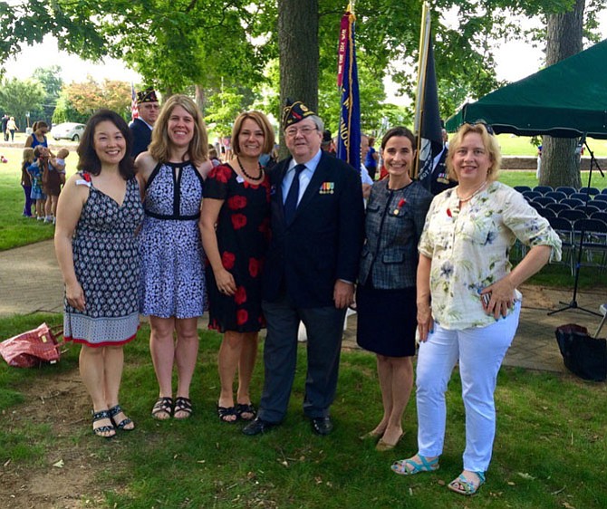 Attending the May 30 Memorial Day observance at Herndon’s Chestnut Grove Cemetery were Herndon residents, including (from left) Town Councilmember Grace H. Wolf, Vice Mayor Jennifer Baker, Mayor Lisa Merkel, councilmember David Kirby, Del. Jennifer Boysko, and councilmember Sheila Olem.
