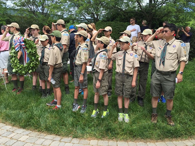 Boy Scout Troop 55 honors the U.S. Marine Corps Color Guard.
