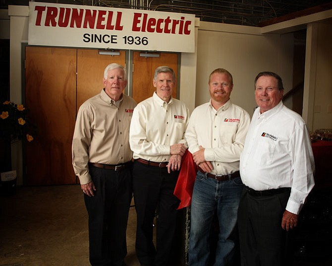 Leadership of Trunnell Electric at the 80th anniversary open house: (far left) Rick Trunnell, co-owner, residential operations manager; Jack Trunnell, co-owner, chief financial officer; Brad Trunnell, vice president of commercial services; (far right) Lee Trunnell, co-owner, president.
