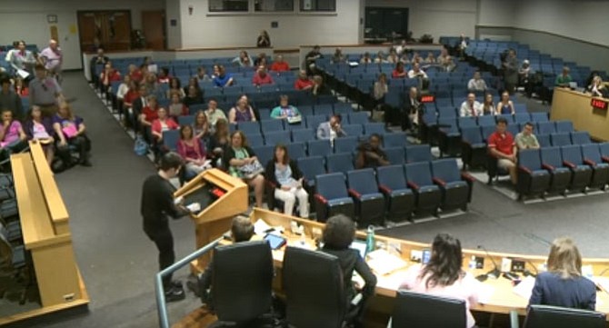 West Springfield High School senior Bennett Shoop addresses the Fairfax County School Board regarding treatment of lesbian, gay, bisexual and transgender students at the May 26 meeting.