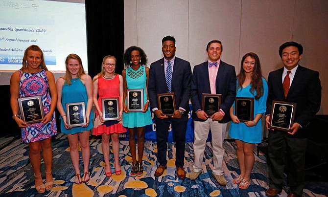 The Alexandria Sportsman’s Club presented $2,000 scholarships to eight students at its 61st annual Athletes of the Year banquet May 25 at the Westin Hotel. Recognized for their athletic and academic excellence were Maggie Lohrer (Bishop Ireton), Mimi Hyre (T.C. Williams), Laura Wilcox (T.C. Williams), Brooke Teferra (T.C. Williams), Taheeb Sonekan (St. Stephen’s & St. Agnes), Trey Lovisone (Bishop Ireton), Stephanie Lin (Bishop Ireton), and Sam Price (Bishop Ireton).