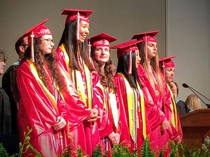 McLean High School’s Class of 2016 Officers included: Ellie Thomas, president, Karynne Baker, Ashlee Chung, Claire Dalby and Avery Edson. Student speaker Addie Wikerson also sat on stage for the ceremony.
