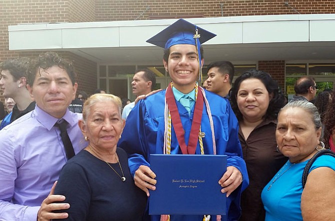 Javier Alexis Aguilar is “going to James Madison University to study computer science.” Afterwards he hopes to work at the Nintendo company in Washington state. Pictured with Javier:  Father Victor Casto, paternal grandmother, Irma Casto, mother Carolina Aguillar and maternal grandmother Abigail Barahona.

