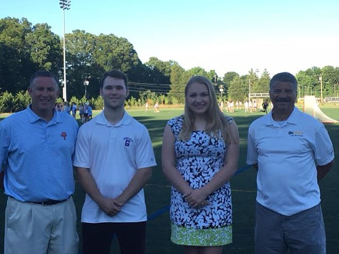 Winners of the 2016 Jackson Casey Memorial Scholarships met June 14 at Carl Sandburg Middle School to pick up their $3,000 scholarship checks. From left are Sean Casey, Henry Chastain from Gonzaga College High School, Jessica Dorn from West Potomac High School, and John Stamos, interim president of the Fort Hunt Youth Athletic Association.