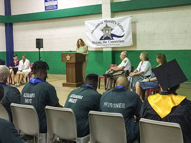 Mayor Allison Silberberg addresses inmates during a graduation ceremony at the William G. Truesdale Adult Detention Center.
