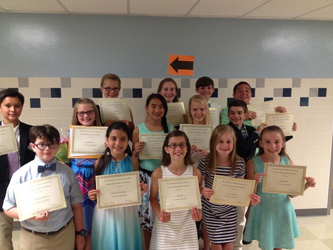 Recipients of the 2016 Stratford Landing Community Service Recognition Certificate gather following their promotion ceremony at Sandburg Middle School on June 22 . From left are, front, Michael Weinraub, Leydi Cris Cobo Cordon, CJ Crombie, Maeve Chawk, and Quinn Doyle; second row, Ryan Kiefer, Logan Price, Cami Powilatis, Caroline Henry, and Alejandro Lott; and third row, Caitlin Forti, Caroline Richard, Matthew Rusten, and Tre Gunther.

