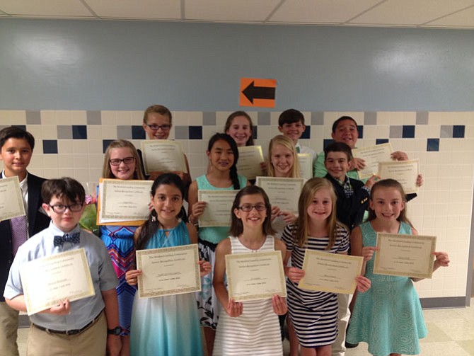 Recipients of the 2016 Stratford Landing Community Service Recognition Certificate gather following their promotion ceremony at Sandburg Middle School on June 22 . From left are, front, Michael Weinraub, Leydi Cris Cobo Cordon, CJ Crombie, Maeve Chawk, and Quinn Doyle; second row, Ryan Kiefer, Logan Price, Cami Powilatis, Caroline Henry, and Alejandro Lott; and third row, Caitlin Forti, Caroline Richard, Matthew Rusten, and Tre Gunther.
