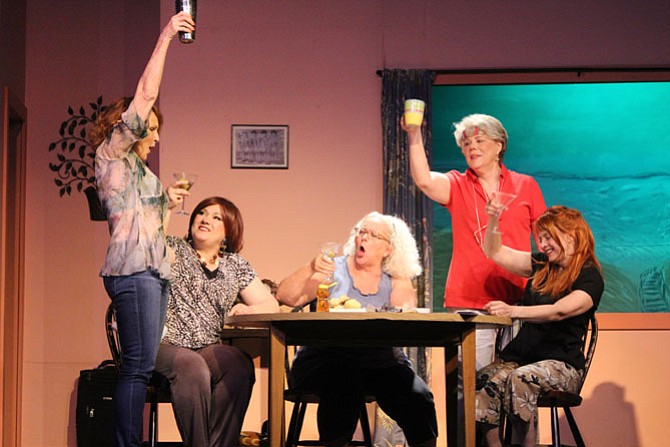 From left: Edye Smith as Lexie, Janette Moman as Dinah, Lorraine Bouchard as Vernadette, Tina Anderson as Sheree, and Lise Downing as Jeri, in "The Dixie Swim Club" presented by Aldersgate Church Community Theatre in Alexandria. 
