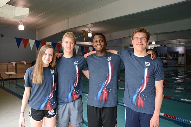 From left, Jasmine Hellmer, Sam Pomajevich, James Jones and Lane Stone from the Burke site of Nation’s Capital Swim Club competed in the 2016 USA Swimming Olympic Trials held in Omaha.