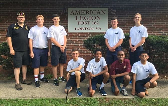 At the 74th session at Virginia Boys State are, from left, standing, 
Dave Wallace, Post 162 Commander; Carter Engvall; Patrick Sansone; Braydin Sones;and Ryan Huck. From left, kneeling, are Dominic Mancini, Aaron Moorer, Yosaph Boku, and Juan Giron-Blanco. Not Pictured are Michael Baldinger, Tyler Hawley, Malcolm “Mac” Slugg, and Ethan Baird.

