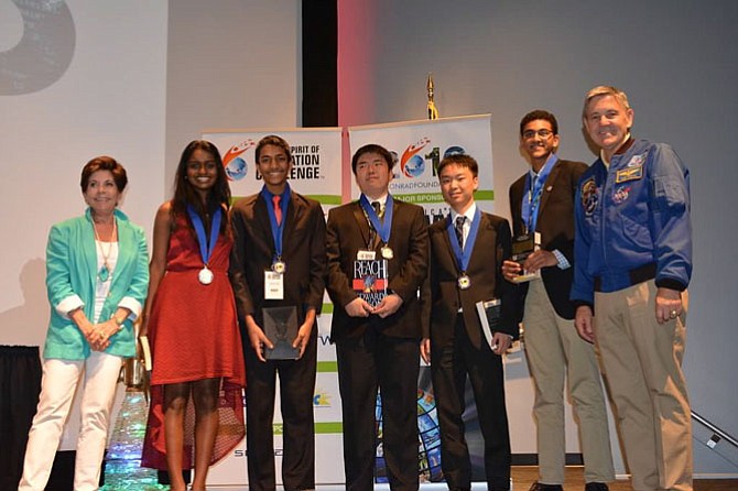 From left: Nancy Conrad (founder & chairman of the CONRAD foundation, Kavya Kopparapu, Naman Singh, Alex Peng, Justin Zhang, Rahul Rajan and Robert Cabana (Director of NASA's Kennedy Space Center, Fla.)

