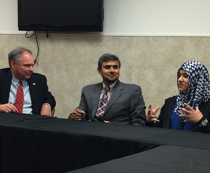 Sen. Timothy M. Kaine (D-VA) listens to student Hidayah Martinez Jaka, who talked about her personal experiences with intolerance and prejudice towards Muslims, during a roundtable discussion Kaine hosted with leaders of the Northern Virginia interfaith and civil rights communities on Thursday, July 21 at the All Dulles Area Muslims Society (ADAMS) Center.
