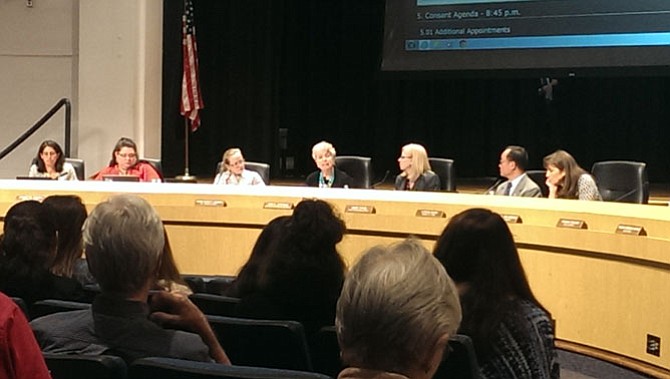 Vice Chair Jane Strauss, center, speaks directly to the students from JEB Stuart High School who attended the School Board meeting July 28 in support of changing their school’s name.