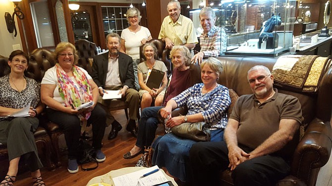 The newly established Board of the Great Falls Grange Project. Board members, from left: Linda Thompson (Optimist Club), Kathleen Murphy (Great Falls Historical Society and Great Falls Farmers Market), Steve Dulaney (Great Falls Business & Professional Association), Linda Jones and Laura Nichols, representing Great Falls Studies, however Begonia Morton was elected Board member, Jorge Adeler, Board Chair (BPA & Optimist Club), Judith St. Ledger-Roty (on the Budget Committee, representing the Arts of Great Falls), Doug Cobb (Great Falls Historical Society), Karen Washburn (Turner Farm Events), and Eric Knudsen (Great Falls Citizens Association). (Dean Souleles, photographer, Great Falls Studios, not shown, not on the Board)
