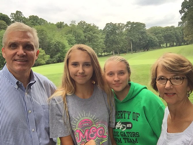 McCrea Family, from left --  John, Kellie, Natalie, Trudy enjoying the open space on the RA path behind the 13th green. Rescue Reston has reached a matching $5000 Challenge Goal set by John McCrea, President of Achieve-It, LLC, a Green Jacket sponsor of the 2016 tournament.
