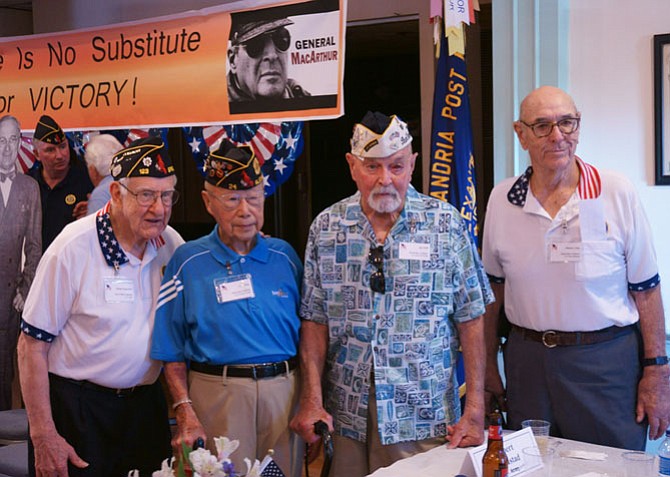 WWII veterans Robert Augustad, Kim Ching, Jay Groff and Warden Foley at the American Legion Post 24 Aug. 20 commemoration of V-J Day.
