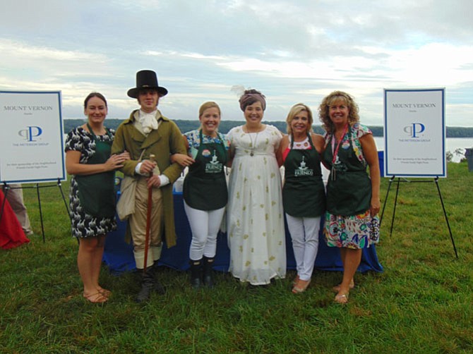 From left: Carolina Camargo, director of advancement for the MVLA; the early American character "Wash" Parke Custis; sponsor representative Britt Patterson of the Patterson Group; the early American character and wife of "Wash", Mrs. Eleanor Parke Nelly Custis; sponsor representative Phyllis Patterson; and Tammy Eddy, manager, MVLA, membership and business sponsorship. 
