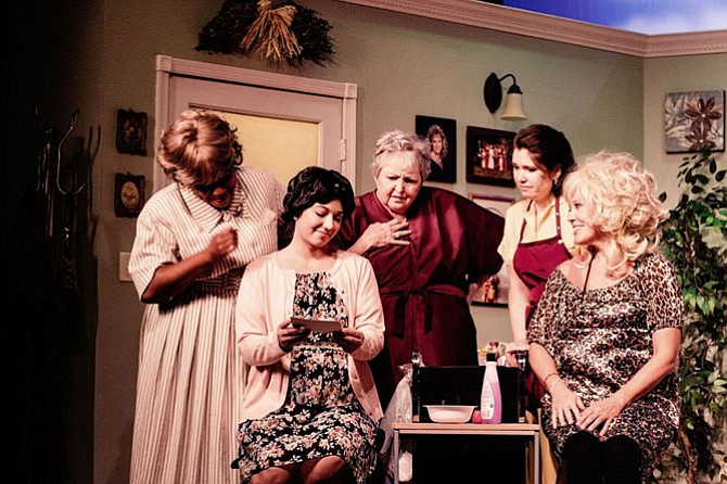 Brenda Parker (Clairee), Kelsey Yudice (Shelby), Patricia Spencer Smith (Ouiser), Susan Smythe (Annelle), and Carla Crawford (Truvy) star in LTA's production of "Steel Magnolias."
