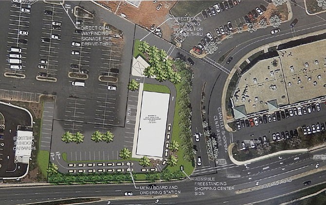 A map showing the site of the new, drive-through restaurant (white rectangle) planned for the Chantilly Place Shopping Center.
