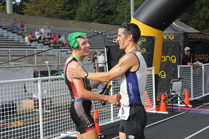 “I knew he was trouble when I saw him at the turn-around. Make sure to point out he was the one who got me,” Jake Gramlich, Vienna, congratulates rival Tom McWalters, Manassas Park. 
