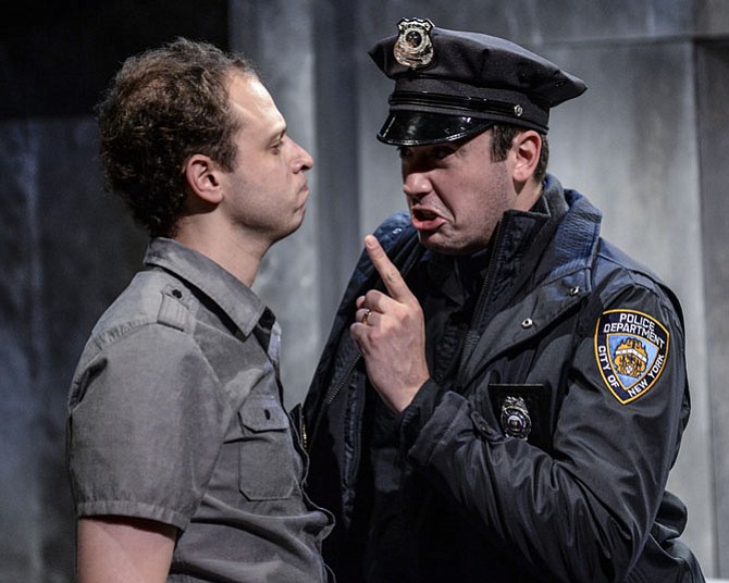 From left -- Aaron Bliden and Matthew Sparacino in "Lobby Hero" at 1st Stage.. 