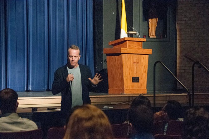 Catholic apologist and speaker Matt Fradd addresses audience at Bishop O’Connell High School.
