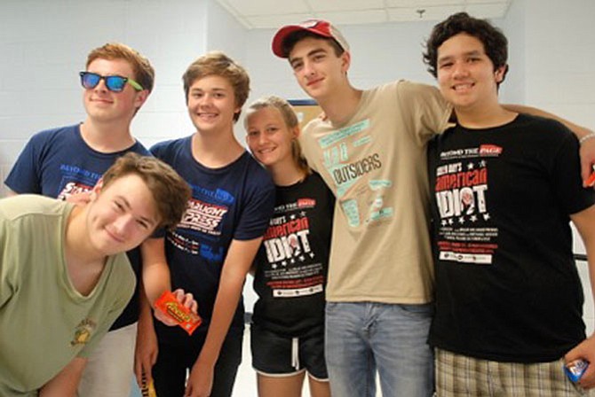 West Potomac Tag Day team from theatre — all of whom will be in "School of Rock" this fall — include  Jonathan Barger (front), ‎Aubrey Blount, Matt Evans, Lorna Ryan, Josh Turner, and Tony Lemus.
