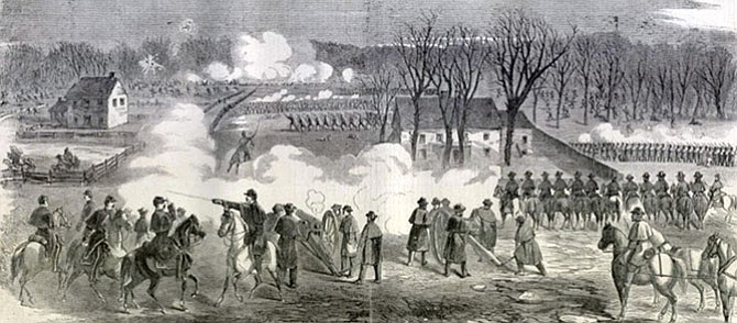 Illustration of the Battle of Dranesville found in the Jan. 11, 1862 edition of Harper's Weekly.  This full page illustration shows the Union artillery firing across the Leesburg Pike and towards the distant Confederates in what is now part of Reston, Virginia. 
