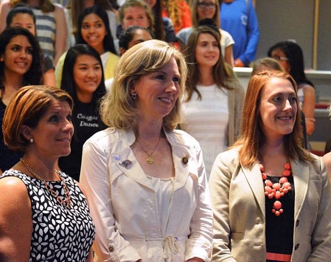 U.S. Rep. Barbara Comstock (R-10) poses with Jennifer Siciliano (left), vice president of government relations for Inova Health Systems, and McLean bioengineer Catherine Ross (right) during one of Comstock's Young Women Leadership programs in June that focused on local leaders in science and technology. 