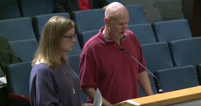 As the FCPS school board was considering renewing the Challenged Materials Interdepartmental Review Committee, the LGBTQ rights advocate Robert Rigby (right) and conservative Christian Meredith Blankenstein (left) decided to take that consent agenda item as an opportunity to address some of the heated and negative interactions between members of the sides with which they’re affiliated.