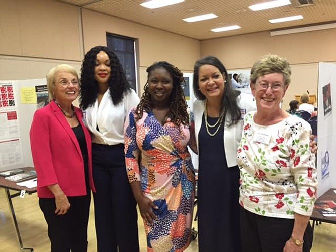 From left -- Juanita Cullen, AAUW, Kyomi Allen and Jamilah Bowden from Trinity,  Carmen Robles from Marymount and Betsy Reeddaway, AAUW.