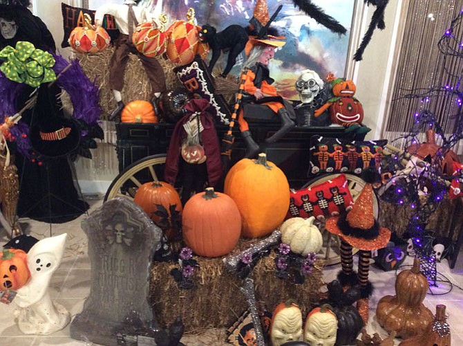 Life-sized props, throw pillows and animated skulls are among the Halloween accessories recommended by Linda Ridenour of Potomac Petals and Plants. 