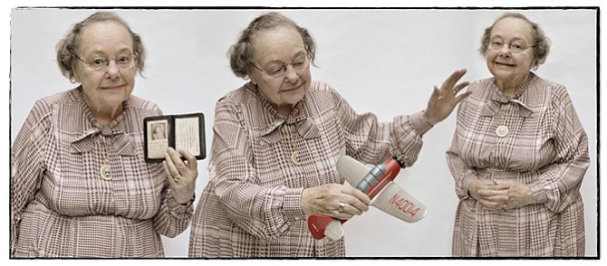 Elizabeth “Libby” Daggit Haynes holds her 1944 identification card with Janneys Lane address. Her fascination with aviation is a lifelong interest.

