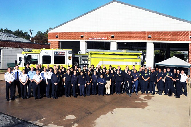 Volunteer and career staff at Station 414 with guests, including Rep. Gerry Connolly (D-11), Fairfax County Chairman Sharon Bulova, Springfield District Supervisor Pat Herrity and Fairfax County Fire and Rescue Department Chief Richard Bowers. 
