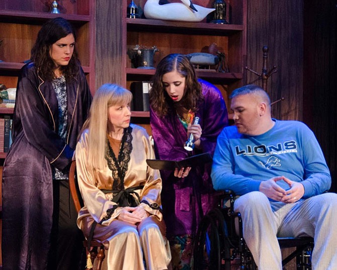 From left: Danielle Comer (Evelyn/McKenzie), Laura Peterson (Mrs. McKnight/Valerie), Eva Seville Coll (O’Karma/Henri), and Damian John Legacy (Ernie/Willy) star in LTA's production of "A Party to Murder." 