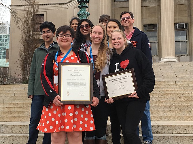 (Pictured front to back, left to right): Sarah Therriault (holding The Highlander newsmagazine's Gold Crown award), Carlyn Kranking (holding The Clan yearbook's Silver Crown award), Zeerick Malik, Shanzeh Umerani, Young In Seo, Aisha Singh, Caroline Watkins and Graham Gibson show off their awards on the steps of Columbia University's campus on March 17, 2016. Students attended training sessions and workshops led by journalists and advisers on the campus for three days. 




