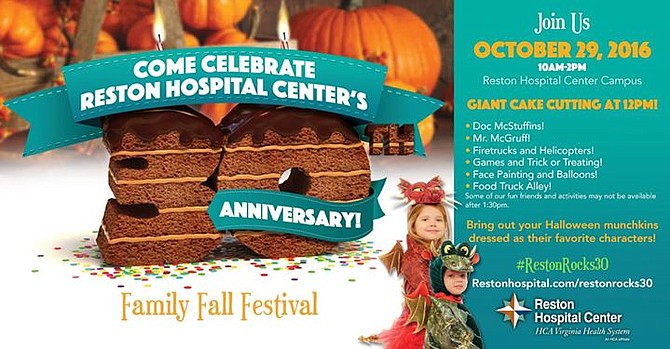 On Saturday Oct. 29 from 10 a.m. to 2 p.m. The Reston Hospital Center will host a celebration to commemorate Reston Hospitals 30th Anniversary there will be games and trick or treating, facepainting, firetrucks, helicopters and more. Don't forget your camera! Doc McStuffins and McGruff the Crime Dog will be celebrating with #TeamReston 
