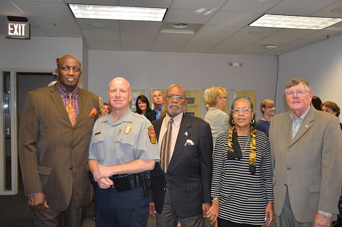Center, Randy Sayles of Oak Hill receives the Fairfax County Environmental Excellence award, joined by (from left) WK Williams, FCPD Chief Edwin Roessler, wife Frances Sayles and David Westrate.