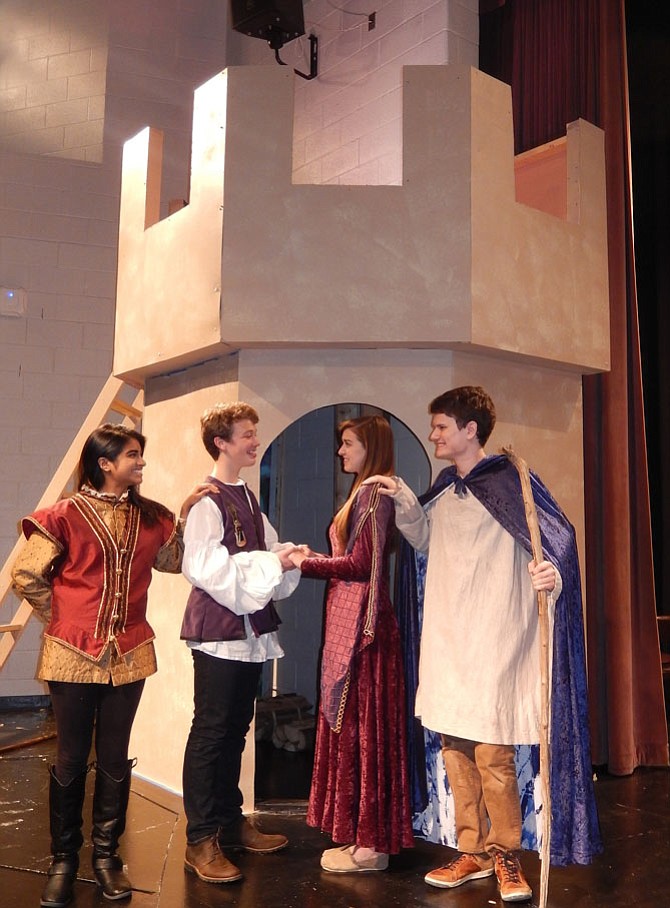 Rehearsing a scene from Westfield High’s upcoming comedy, “The Tempest,” are (from left) Maya Hossain, John Henry Stamper, Aubrey Cervarich and John Coughlin.