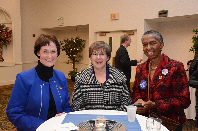 (From left) Fairfax County Board of Supervisors chairman Sharon Bulova, Supervisor Kathy Smith (D-Sully) and supervisor Cathy Hudgins (D-Hunter Mill) attend the Fairfax County Democratic Committee election night party at the Waterford at Fair Oaks.


