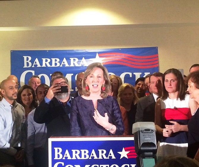 Barbara Comstock spoke to hundreds of supporters in Ashburn Tuesday night after her resounding victory over Democratic challenger LuAnn Bennett. 

