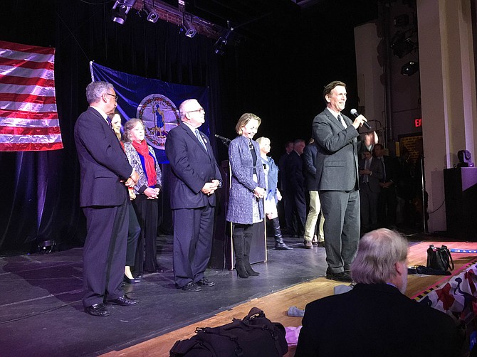 Newly re-elected U.S. Rep. Donald Beyer (D-8) addresses Democrats at an Election Night party held in the State Theatre in Falls Church.