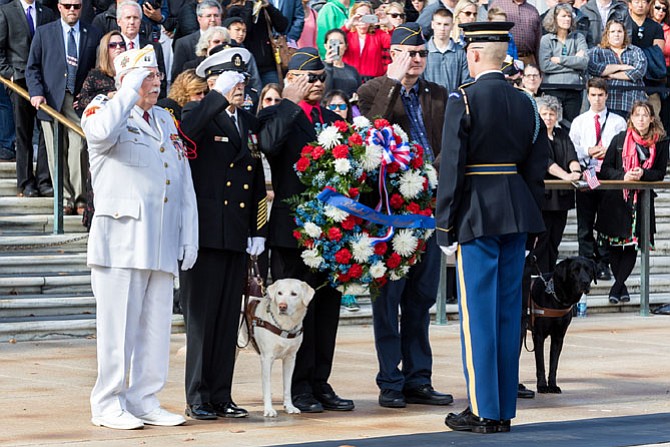 Representatives from the Alexandria based Blinded Veterans Association participate in a wreath laying ceremony at the Tomb of the Unknowns during the National Veterans Day Observance at Arlington National Cemetery |  (Photo credit: Mark Mogle)