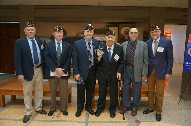 Distinguished Patriot recipient Charlie Euripides, third from right, with fellow members of American Legion Post 24. Pictured are Post 24 commander Doug Gurka, Henry Dorton, Jim Glassman, Charlie Euripides, 2015 Distinguished Patriot recipient Warden Foley and John Bordner.